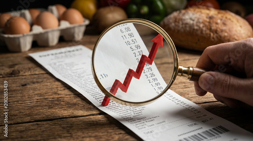 Magnifying glass over grocery receipt with rising red arrow, concept of price increase and consumer inflation