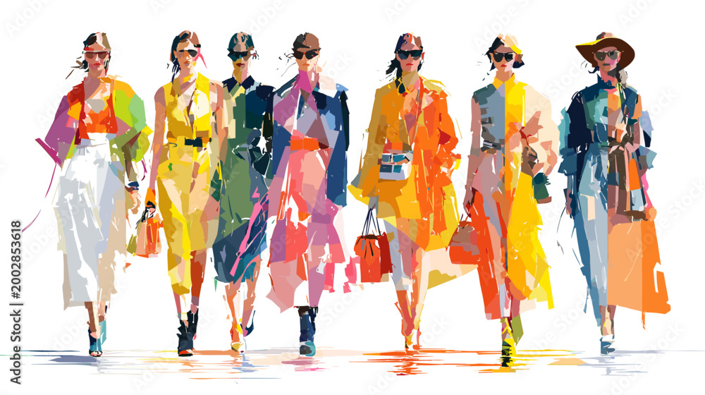 Naklejka premium Runway Ready: A group of stylish models showcasing the latest trends. Each figure strides confidently, embodying the essence of contemporary fashion and elegance. 