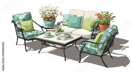 Outdoor Patio Setting: An inviting patio scene, featuring elegant furniture adorned with floral cushions and a stylish table, creating a perfect space for relaxation and enjoyment. 