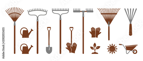 Garden tools set icons, gardening equipment collection with rakes, shovels, watering cans, and gloves for landscaping, backyard maintenance, and seasonal yard work, isolated flat vector design element