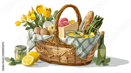 Culinary Basket of Delights: A charming picnic basket overflows with an assortment of gourmet treats, fresh produce, and a bottle of wine, inviting a sensory journey of taste and texture.