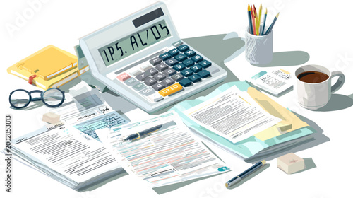 Financial Scene: An overhead view of a desk strewn with financial documents, a calculator, eyeglasses, and a cup of coffee, indicating the complexities of financial management and tax preparation.