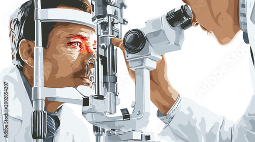 Eye Examination: A close-up view of an ophthalmologist using advanced optical tools to assess a patient's eye health.