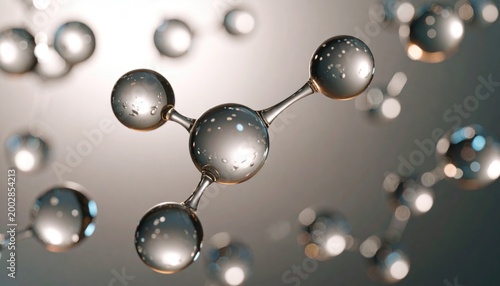  Close-up of blue water molecules floating. Transparent spheres with bubbles, light reflections. Abstract background evokes freshness 