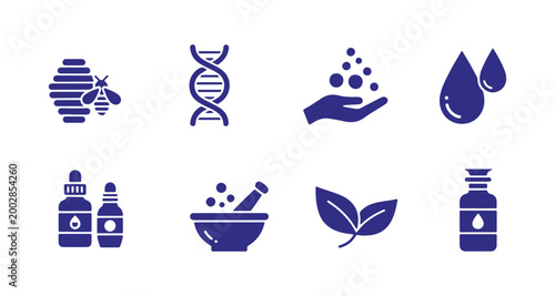 Solid glyph cosmetic icons showing skincare ingredients like collagen and ceramide, isolated on white.