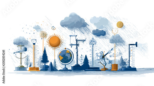 Weather Instruments Silhouette: A stylized illustration showcases an array of meteorological instruments and natural elements.
