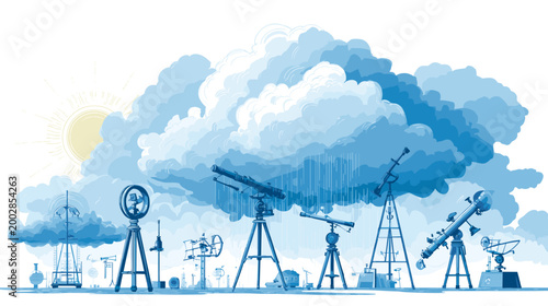 Celestial Observation:  A stylized illustration showcases a cluster of telescopes and weather instruments against a dramatic, cloudy backdrop.
