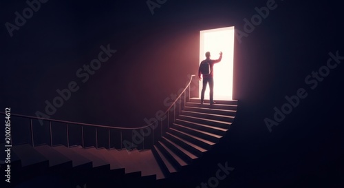 Man Waving Goodbye at the Top of a Staircase Leading to a Bright Open Door.
