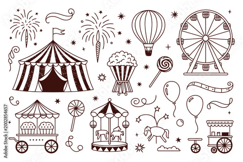 Amusement park carnival fair doodles with circus tent and ferris wheel set.