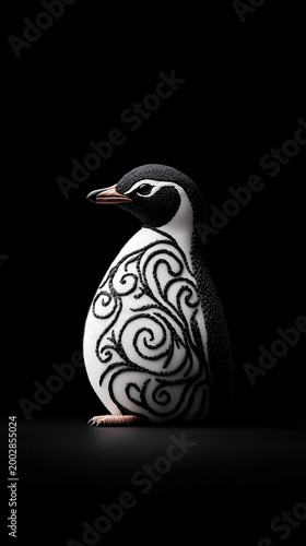Stylized Black Penguin Illustration with Intricate Golden Filigree Details