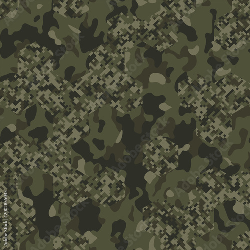 Seamless olive camouflage pattern with Pixel and Spots mixed Hex effect