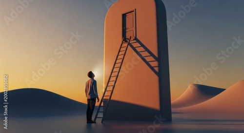 Person standing at the bottom of a ladder leading to a door in a surreal desert landscape at sunset.