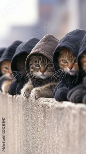 Tabby Cats in Matching Hoodies for Humorous Pet Concept