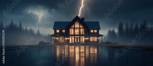 Moody Residential Building Beneath Dark Clouds and Flashing Lightning