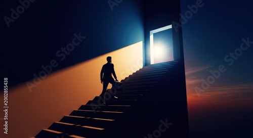 Silhouette of a person ascending stairs towards a bright glowing doorway.