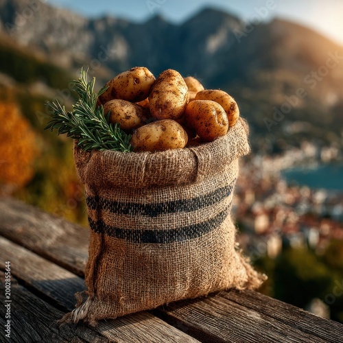Burlap sack overflowing with potatoes and herbs against mountainous vista