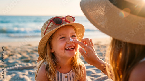 Mother applies sunscreen to her daughter's nose on a sunny beach day