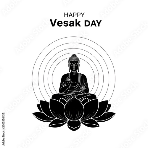 Black and white illustration of buddha sitting on a lotus flower on vesak day isolated on white background