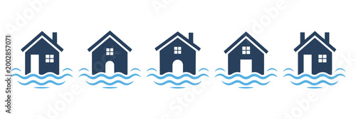 Flooding icon set, natural disaster icon set, home with flood icon, inundation symbol vector illustration, clean vector collection for emergency response, climate hazards, and disaster management 