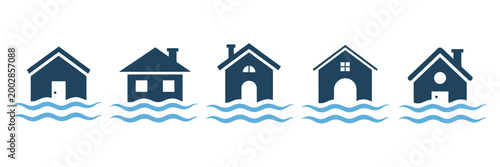 Flooding icon set, natural disaster icon set, home with flood icon, inundation symbol vector illustration, modern flat design