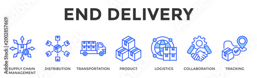 End Delivery  Banner Web  Icon Set Collection Pack Vector Illustration Concept Containing Supply Chain Management, Distribution, Transportation, Product, Logistics, Collaboration, Tracking