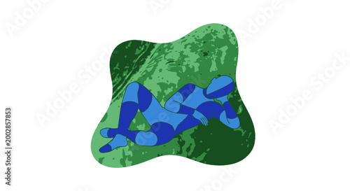Conceptual Surreal Illustration of a Relaxed Blue Figure Reclining Inside a Green Fluid Organic Shape Isolated on White