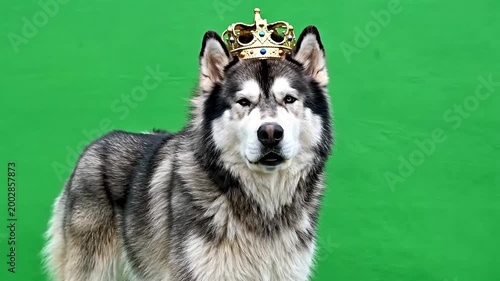 Majestic Alaskan Malamute dog wearing a golden crown against a vibrant green background, looking directly at the viewer.