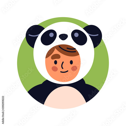 Cute kid in panda hood, face avatar. Funny user profile in circle, child in o...