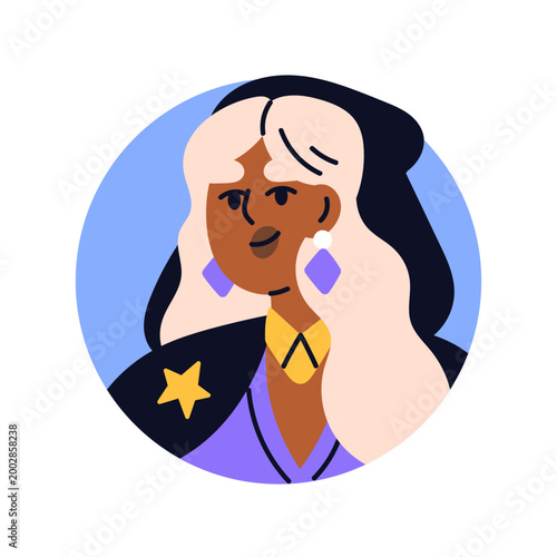 Woman witch, face avatar in circle. Fortune teller, esoteric magic female character, round user profile. Fortuneteller, astrologist portrait. Flat vector illustration isolated on white background