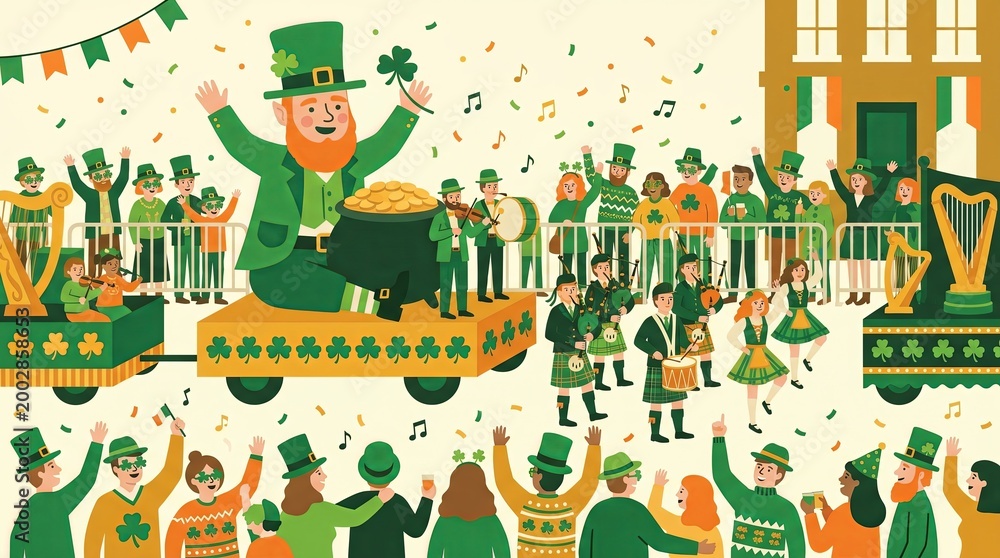 Naklejka premium St. Patrick's Day - Vibrant Parade of Music, Dance, and Community Spirit in Festive Green Attire