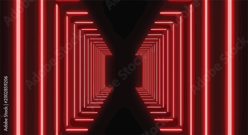 Abstract Futuristic Red Neon Light Tunnel Vector Background with Glowing Geometric Lines and Symmetrical Perspective for Cyberpunk Gaming Technology and Modern Digital Designs