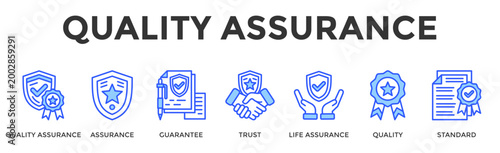 Quality Assurance  Banner Web  Icon Set Collection Pack Vector Illustration Concept Containing Quality Assurance, Assurance, Guarantee, Trust, Life Assurance, Quality, Standard
