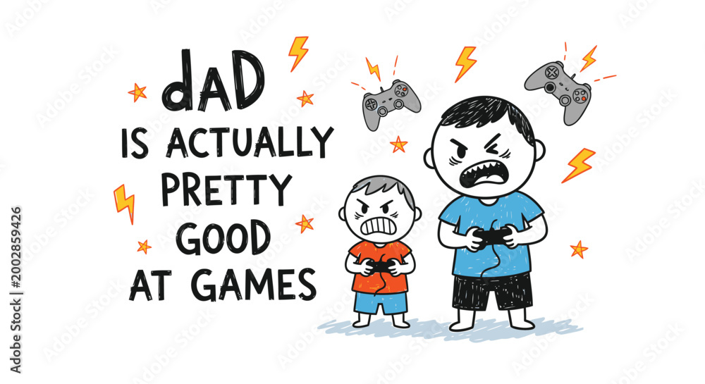 Fototapeta premium Funny father son gaming illustration, cartoon dad and child playing video games, humorous gaming vector