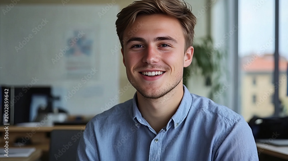 Obraz premium Confident Young Man in Modern Office Smiling Brightly, Showcasing Professionalism and Success