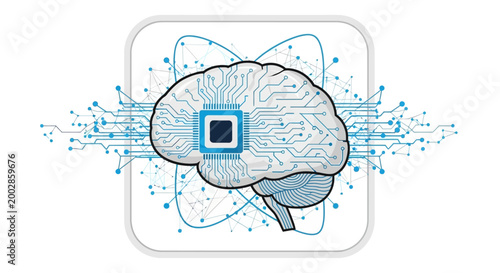 Artificial Intelligence Concept Brain with Integrated Microchip and Digital Circuits.