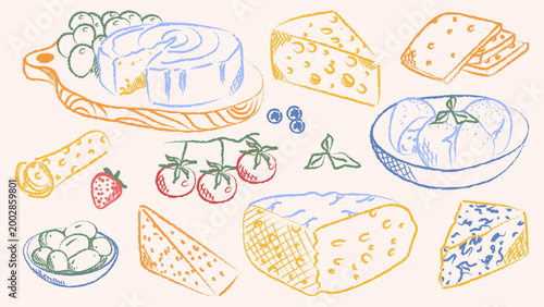 Hand drawn colorful crayon cheese set with various types of cheese, charcuterie boards, grapes and tomatoes. Blue ink line art vector illustration of dairy products and snacks for menu design.