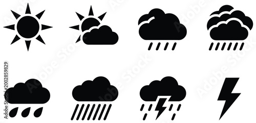 Weather forecast icons vector set showing various climate conditions including sunny, rainy, cloudy, stormy, and snowy weather