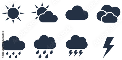 Weather forecast icons vector illustration featuring sun, cloud, rain, snow, storm, and wind symbols, modern flat design set representing climate conditions, temperature changes