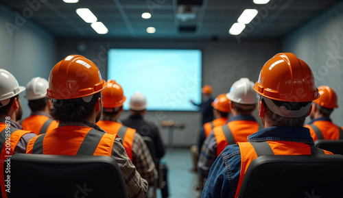 Construction workers are having a meeting in an industrial building with a explaining in front of a screen.