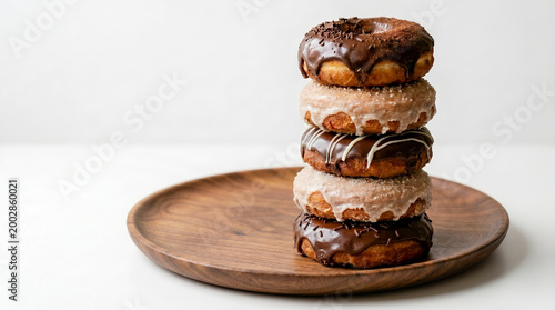 Tableau sur toile ​A tall, appetizing stack of five assorted donuts, featuring rich chocolate and white glaze, rests elegantly on a round wooden plate against a clean, white background