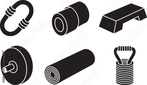 Fitness equipment icons set with weights and exercise accessories illustration with step platform