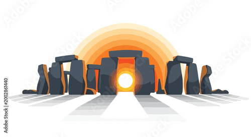 Silhouette of ancient stone circle monument at sunset with vibrant orange sky and dramatic shadows