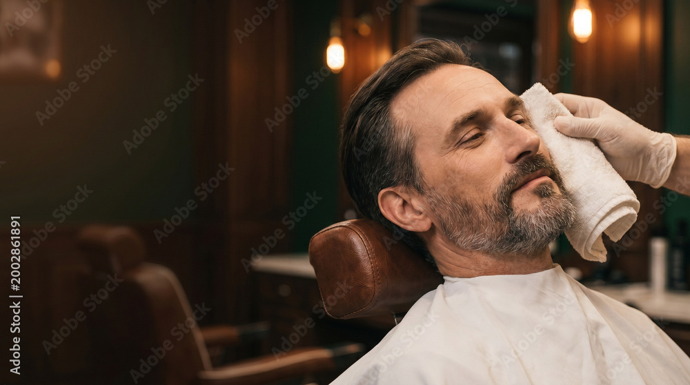 Fototapeta premium Man receiving facial treatment in barber shop with soft lighting 