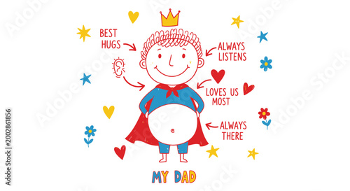 Father's Day, cute cartoon kid, superhero dad, colorful stickers