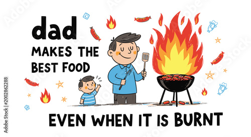 Funny Father's Day BBQ Dad Humor Vector Illustration, Burnt Food Cartoon, Dad Jokes Graphic