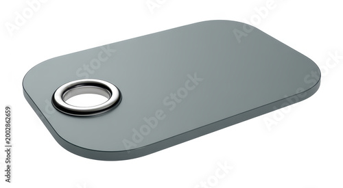 Single rounded rectangular grey metal tag with a silver grommet, isolated on a white background