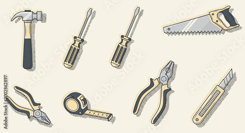 Assorted Hand Tools on White Background.