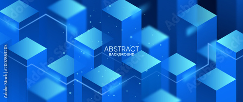 Abstract 3D geometric blocks representing the fields of business finance, business technology, cloud storage, cybersecurity, and digital infrastructure. A 3D cube data background illustrating blockcha