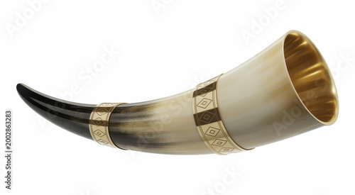 Traditional drinking horn with ornate geometric metal bands on a clean white background isolated