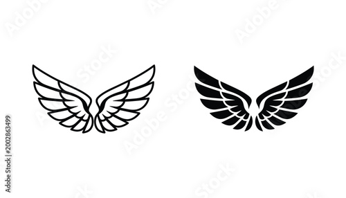 Stylized bird wings graphic set featuring detailed feather linework and solid black silhouette versions for versatile design application